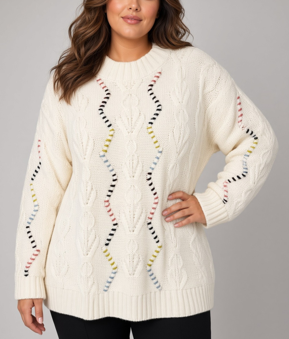 Coldwater Creek Plus 3X Ivory Cable Knit Accent Embroidery Mock Neck Sweater